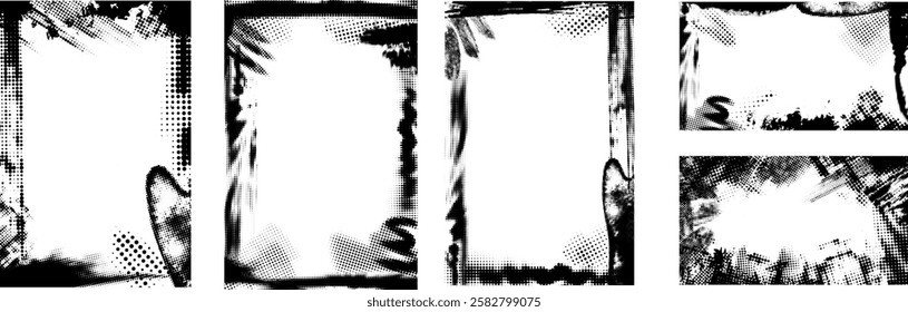 Glitch distorted noise destroyed vertical frame set. Trendy defect halftone borders. 