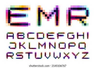 Glitch distorted pixel alphabet with color shift effect. Hologram design. Vector font perfect to use in your vibrant nightlife labels, retro video game screens, colorful electronic identity.