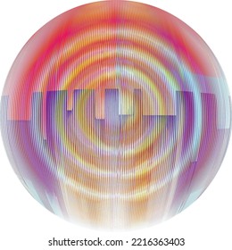 Glitch verzerrte Kugel . Modernes Kunstdesign. Lärm zerstört glitzernden Kreis. Trendy Fehler Hintergrund mit Linien . Glitzte Kunstwerke .Hologramm-Effekt.Vektorgrafik 