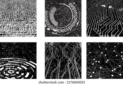 La textura de tecnología distorsionada por el brillo. Logo destruido por ruido. Formas de error de defecto de moda .Grunge texturizado . Efecto perturbado .Formas vectoras con una textura de impresión de pantalla de puntos de medio tono.