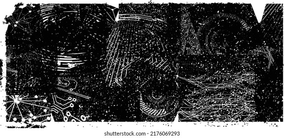 Glitch distorted technology texture . Noise destroyed logo . Trendy defect error shapes .Grunge textured . Distressed effect .Vector shapes with a halftone dots screen print texture.