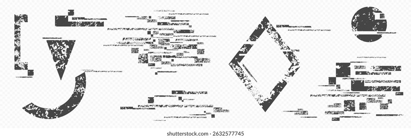 Glitch distorted vector shapes - diamond rhombus, circle and abstract geometric forms with grainy grunge texture. Abstract retro monochrome design elements. Distress overlay, noise grain effect.