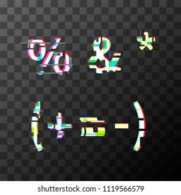 Glitch distortion font. Punctuation characters on transparent background