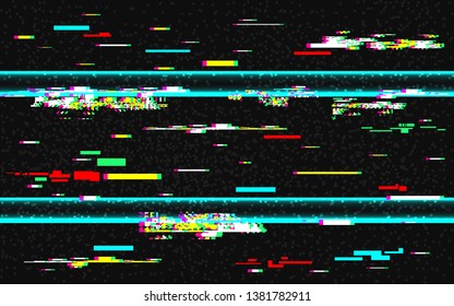 Plantilla de distorsión de ajuste. Fondo VHS con líneas de color rayadas. Ruido de píxeles abstracto con efecto rebobinado. HDTV no tiene señal. Problemas de televisión.Ilustración vectorial.