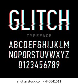 Glitch distortion typeface. Letters and numbers vector illustration.