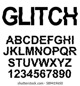 Glitch distortion typeface. Letters and numbers vector illustration.