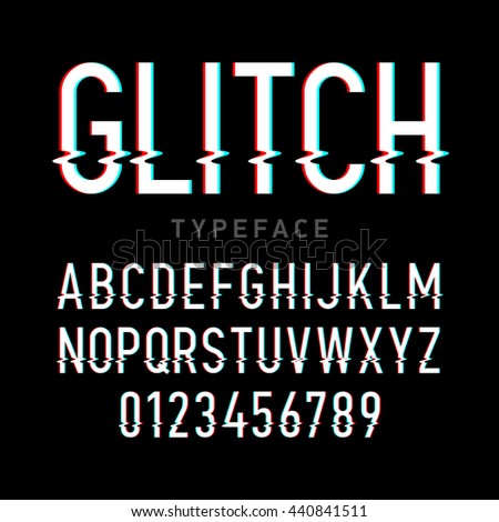 Glitch distortion typeface. Letters and numbers vector illustration.