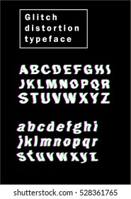 Glitch distortion typeface. Vector alphabet. Modern font set with interference effect. Vintage analog TV text effect.
