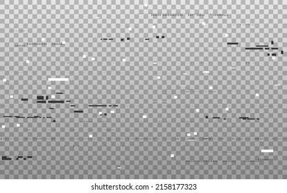 Glitch distortions on transparent background. Video problem template. White and black shapes. VHS random noise. Abstract pixel details. Vector illustration.