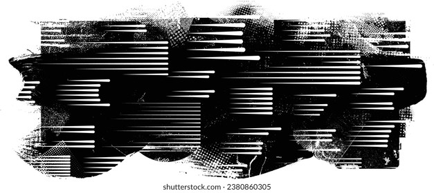 Glitch distressed grange shape . Noise grungy logo .  Shape textured with fast lines.Grunge , distress effect .Vector shapes with a halftone dots, and speed lines. screen print texture.