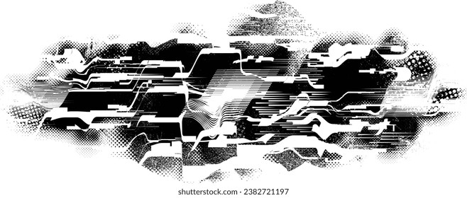Glitch distressed grange shape . Noise grungy logo .  Shape textured with fast lines.Grunge , distress effect .Vector shapes with a halftone dots, and speed lines. screen print texture.