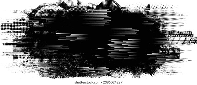 Glitch distressed grange shape . Noise grungy logo .  Shape textured with fast lines.Grunge , distress effect .Vector shapes with a halftone dots, and speed lines. screen print texture.