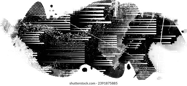 Glitch de forma grande angustiada. Logo de ruidos.  Forma texturada con líneas rápidas.Grunge , efecto de distracción .Formas vectoriales con puntos de semitono y líneas de velocidad. textura de impresión de pantalla.