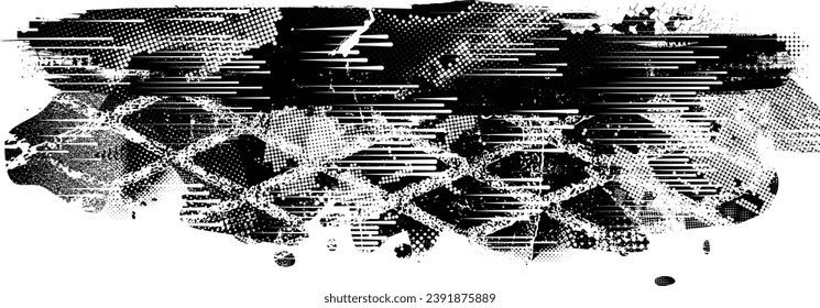 Glitch distressed grange shape . Noise grungy logo .  Shape textured with fast lines.Grunge , distress effect .Vector shapes with a halftone dots, and speed lines. screen print texture.
