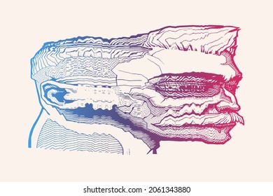 Glitch drawing. Mustachioed adult man with hipster hairstyle with a glitch effect.. Male cartoon portrait, sketch style. Hand drawn design element. Vector illustration