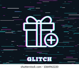 Glitch effect. Add Gift box line icon. Present or Sale sign. Birthday Shopping symbol. Package in Gift Wrap. Background with colored lines. Vector