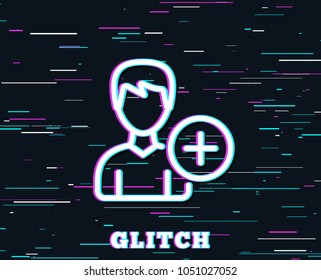 Glitch effect. Add User line icon. Profile Avatar sign. Male Person silhouette symbol. Background with colored lines. Vector