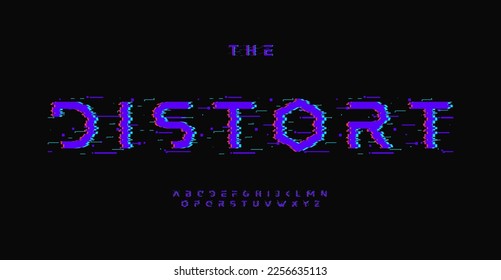 Glitch effect alphabet, digital distorted letters, display error font for futuristic logo, cinematic style headline, loss connect graphic effect typography. Vector typographic design