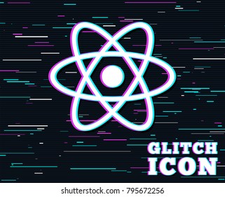 Glitch effect. Atom sign icon. Atom part symbol. Background with colored lines. Vector