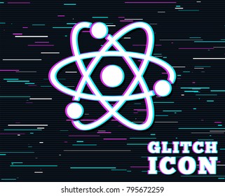 Glitch effect. Atom sign icon. Atom part symbol. Background with colored lines. Vector