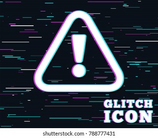 Glitch effect. Attention sign icon. Exclamation mark. Hazard warning symbol. Background with colored lines. Vector