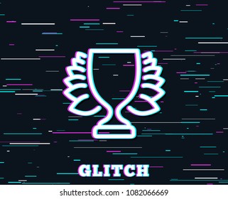 Glitch effect. Award cup line icon. Winner Trophy with Laurel wreath symbol. Sports achievement sign. Background with colored lines. Vector