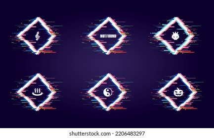 Glitch effect banner. Square dynamic frame design with music note, not found, virus, onsen, yin yang, and halloween sign