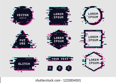 Glitch effect banners and frame set. Futuristic design with glitchy abstract shapes. Vector clipart elements.