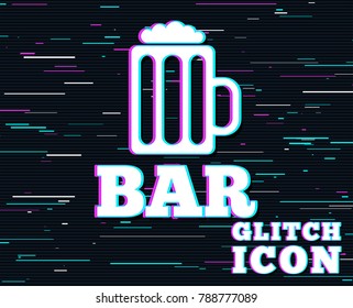 Glitch effect. Bar or Pub sign icon. Glass of beer symbol. Alcohol drink symbol. Background with colored lines. Vector