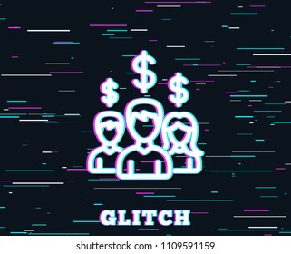 Glitch effect. Business networking line icon. Group of people with Dollar signs. Background with colored lines. Vector