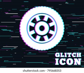 Glitch effect. Car wheel sign icon. Circular transport component symbol. Background with colored lines. Vector