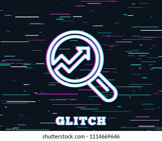 Glitch effect. Chart line icon. Report graph or Sales growth sign in Magnifying glass. Analysis and Statistics data symbol. Background with colored lines. Vector