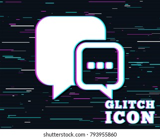 Glitch effect. Chat sign icon. Speech bubble with three dots symbol. Communication chat bubble. Background with colored lines. Vector