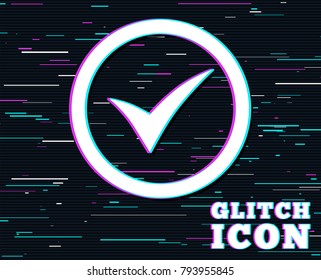 Glitch effect. Check mark sign icon. Yes circle symbol. Confirm approved. Background with colored lines. Vector