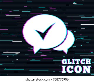Glitch effect. Check sign icon. Yes or Tick symbol. Confirm. Background with colored lines. Vector