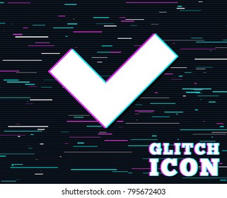Glitch effect. Check sign icon. Yes button. Background with colored lines. Vector