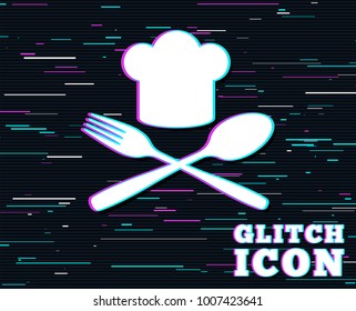 Glitch effect. Chef hat sign icon. Cooking symbol. Cooks hat with fork and spoon. Background with colored lines. Vector