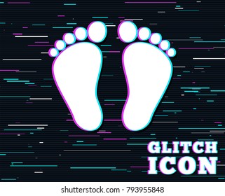 Glitch effect. Child pair of footprint sign icon. Toddler barefoot symbol. Background with colored lines. Vector