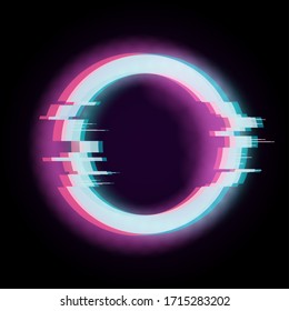 Glitch effect. Circle distorted shape, digital technology element. Futuristic poster, broken or destroyed frame. Chaos cyber interface vector illustration
