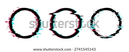 Glitch effect circle frame background. Neon glitch light digital design vector frame cyberpunk icon set