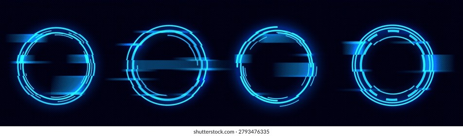  Glitch effect circle frame with neon digital distortion. Cyber punk blue graphic design with broken pixel rings and futuristic light elements on dark transparent background