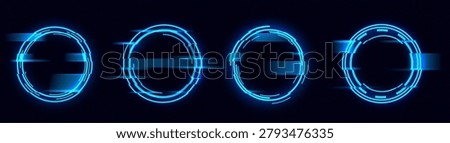  Glitch effect circle frame with neon digital distortion. Cyber punk blue graphic design with broken pixel rings and futuristic light elements on dark transparent background