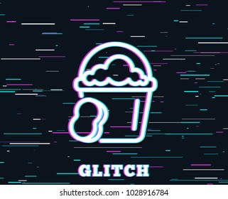 Glitch effect. Cleaning bucket with sponge line icon. Washing Housekeeping equipment sign. Background with colored lines. Vector