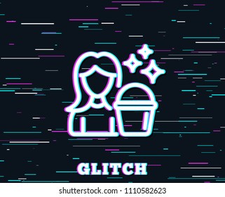 Glitch effect. Cleaning service line icon. Woman with Bucket symbol. Washing Housekeeping equipment sign. Background with colored lines. Vector