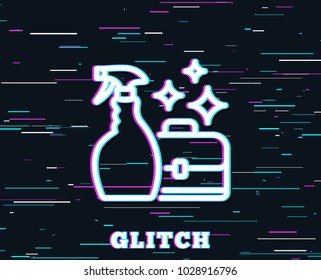 Glitch effect. Cleaning spray line icon. Washing liquid or Cleanser symbol. Housekeeping service sign. Background with colored lines. Vector