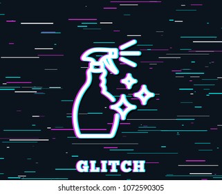 Glitch effect. Cleaning spray line icon. Washing liquid or Cleanser symbol. Housekeeping equipment sign. Background with colored lines. Vector