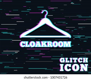 Glitch effect. Cloakroom sign icon. Hanger wardrobe symbol. Background with colored lines. Vector