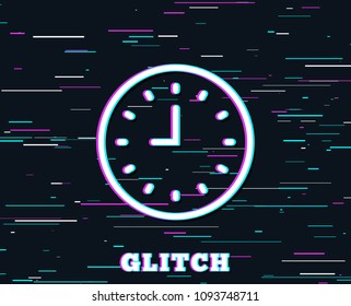 Glitch effect. Clock line icon. Time sign. Office Watch or Timer symbol. Background with colored lines. Vector