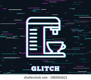 Glitch effect. Coffee machine line icon. Hot drink sign. Fresh beverage symbol. Background with colored lines. Vector