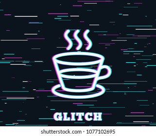Glitch effect. Coffee and Tea line icon. Hot drink sign. Fresh beverage symbol. Background with colored lines. Vector